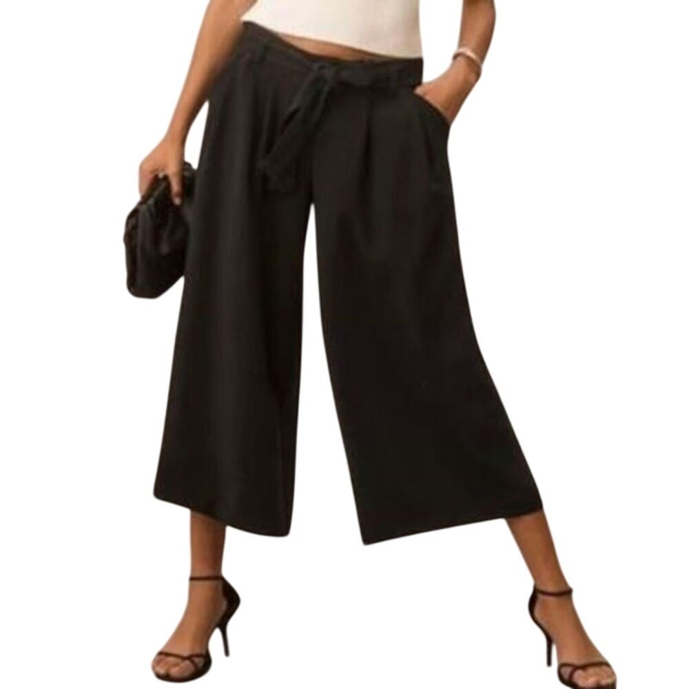 Maeve Anthropologie Black Tie-Waist High Rise Wide Leg Crop Culottes